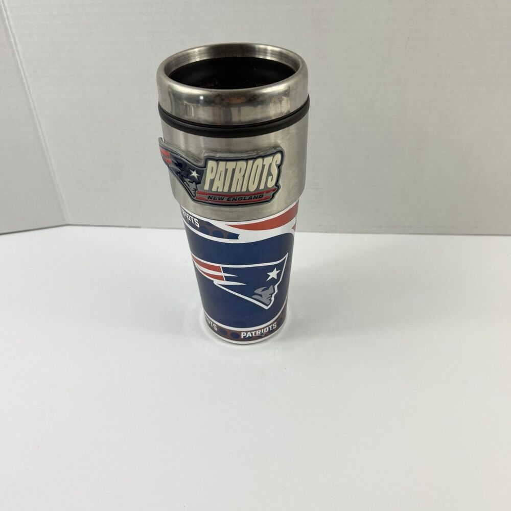 NEW ENGLAND PATRIOTS COFFEE MUG TRAVEL TUMBLER CUP NFL METALLIC LOGO WITH EMBLEM